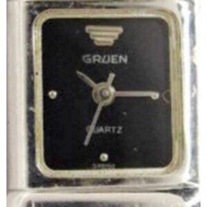 Gruen Quartz Black Face Analog Watch Silver Tone Link Bracelet Woman Wristwatch